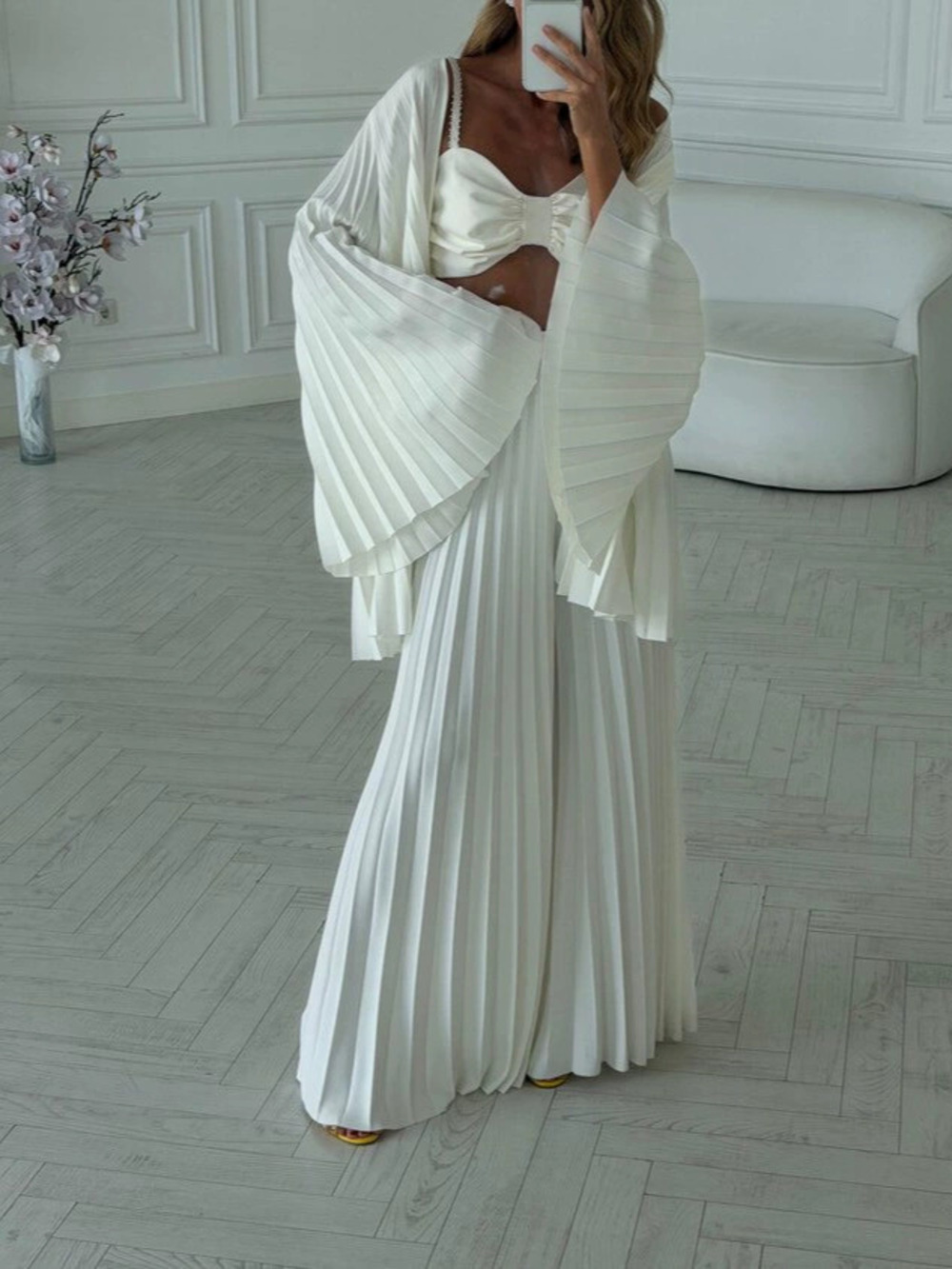 ZARA Off White Pleated Cardigan Two Piece Set with Tube Top and Wide Leg Pants